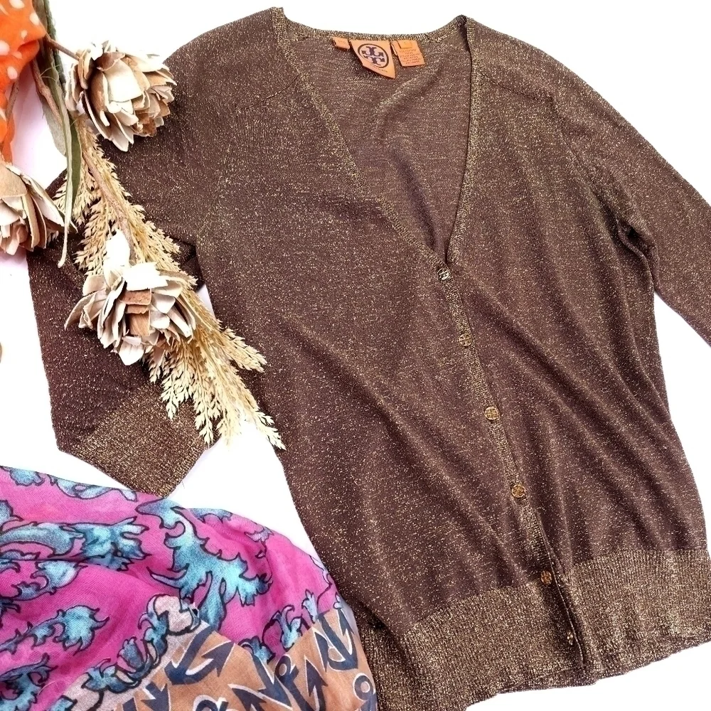 Tory Burch Brown Gold Shimmer Thin Sweater Sz S - Picture 2 of 13